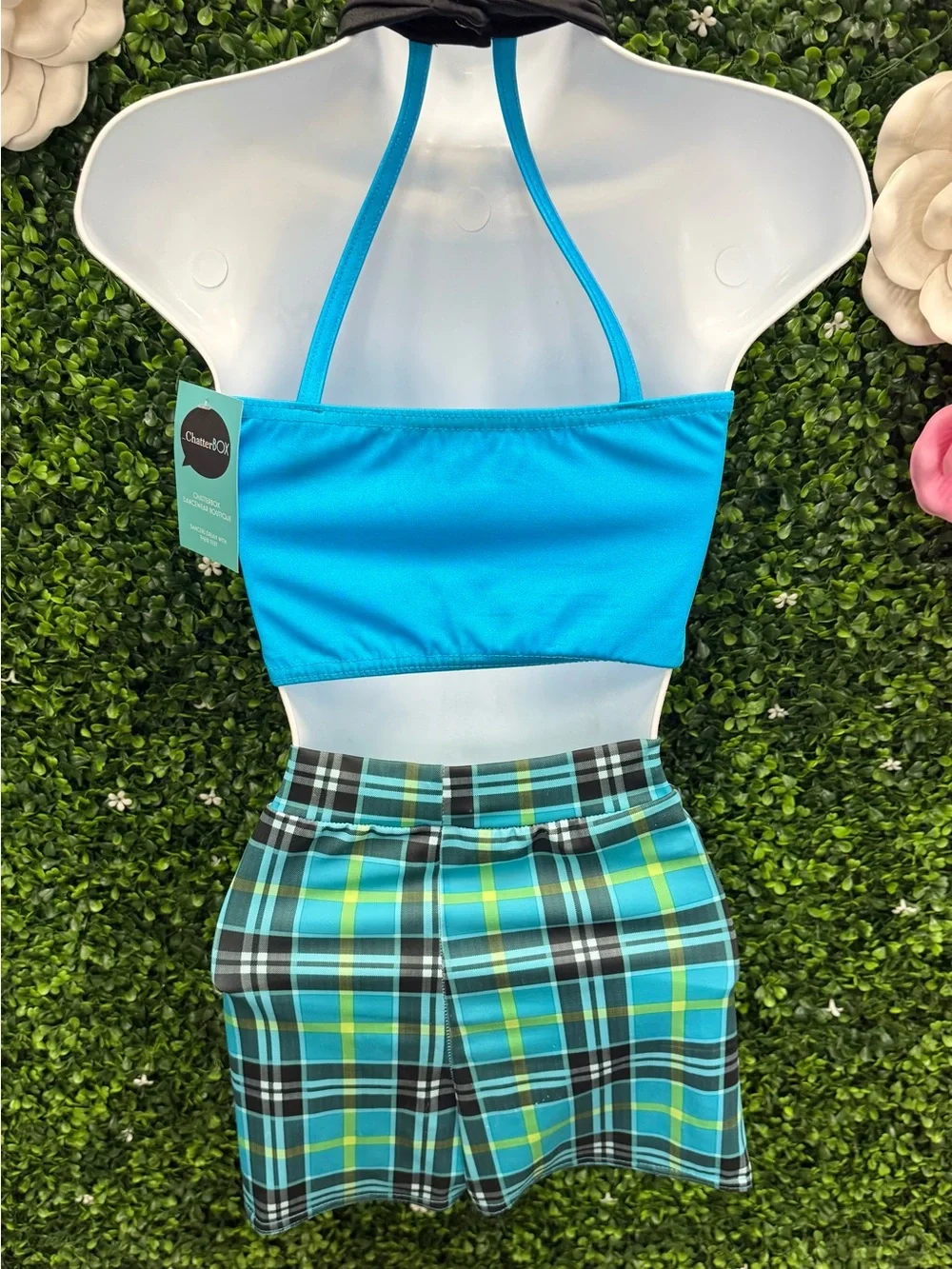 Kids Blue Plaid Dance Costume with Black Tie and Suspenders